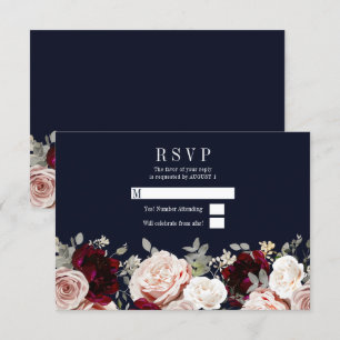 Navy Blue Blush Rose Burgundy Floral Wedding RSVP Invitation
