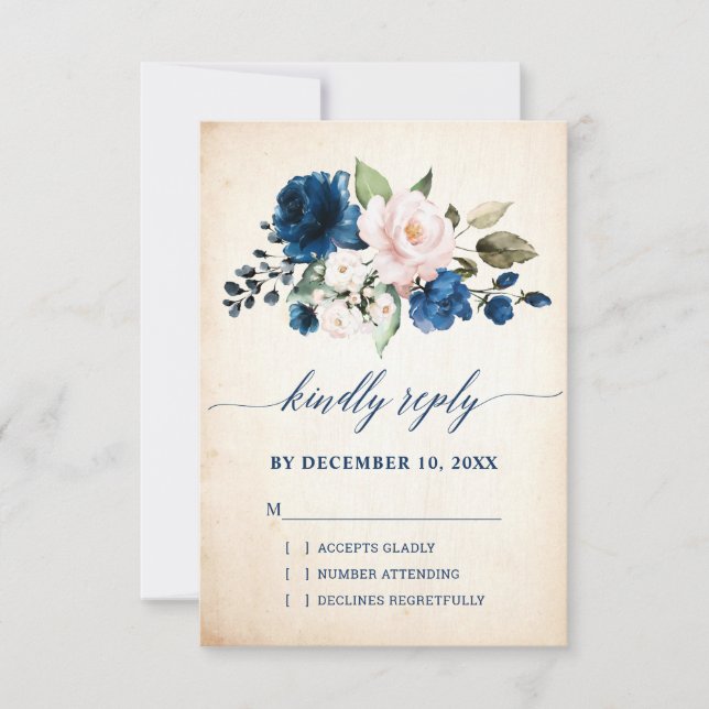 Navy Blue Blush Rose Floral Rustic Country Wedding RSVP Card (Front)