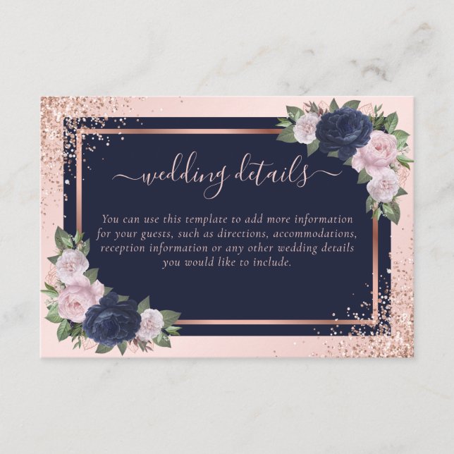 Navy Blue Blush Rose Gold Floral Wedding Details Enclosure Card (Front)