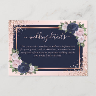 Navy Blue Blush Rose Gold Floral Wedding Details Enclosure Card