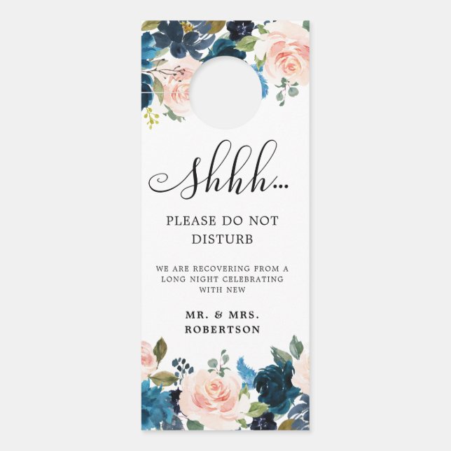 Navy Blue Blush Roses Wedding Do Not Disturb Door Hanger (Front)