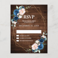 Navy Blue Blush Rustic Wood Gold Geometric RSVP