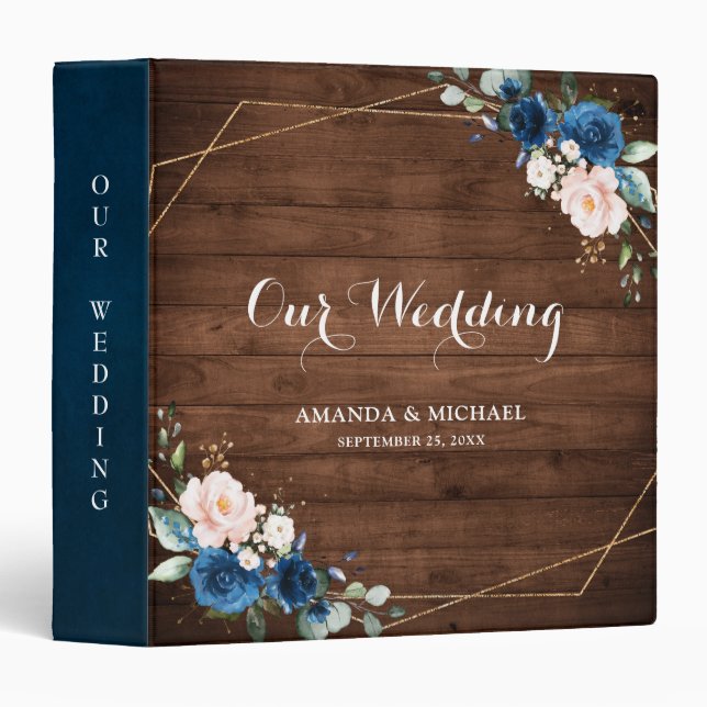 Navy Blue Blush Rustic Wood Gold Geometric Wedding Binder (Front/Spine)