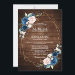 Navy Blue Blush Rustic Wood Gold Geometric Wedding Invitation<br><div class="desc">Dark navy blue floral geometric wedding Invitation featuring elegant bouquet of navy blue, royal blue , white , blush rose and sage green eucalyptus leaves and elegant glitter geometric neutral frame on rustic wood background. Please contact me for any help in customization or if you need any other product with...</div>