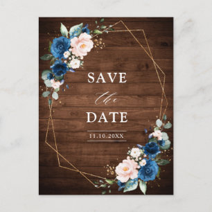 Navy Blue Blush Rustic Wood Gold Save the Date Postcard