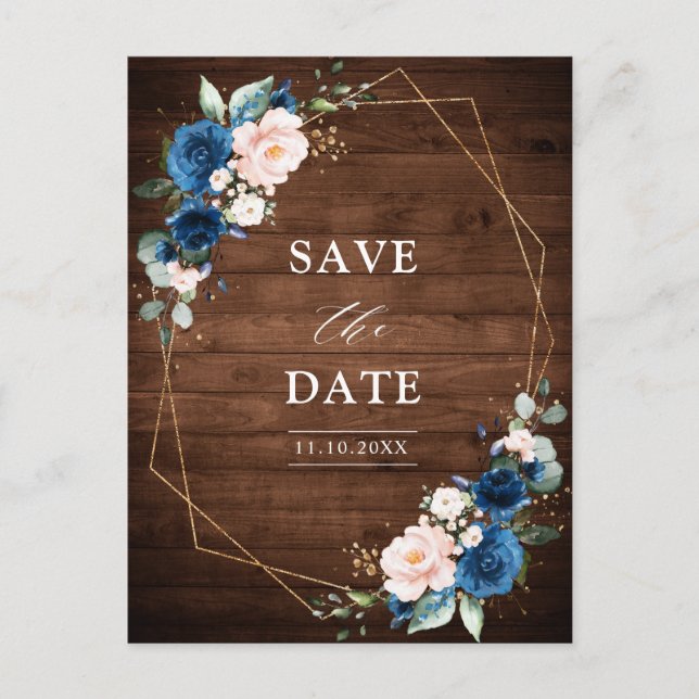 Navy Blue Blush Rustic Wood Gold Save the Date Postcard (Front)