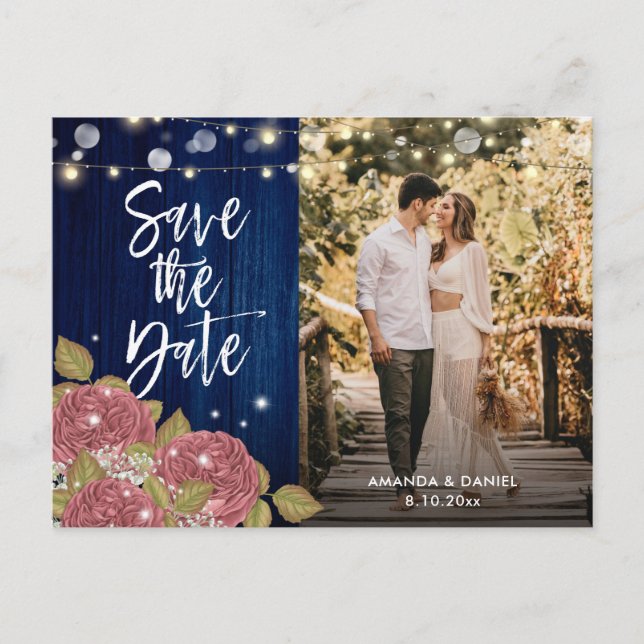 Navy Blue Blush Save The Date Photo Postcards (Front)