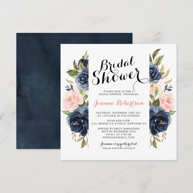 Navy Blue Blush Watercolor Floral Bridal Shower Invitation (Front/Back)