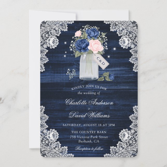 Navy Blue Blush Wood Mason Jar Floral Wedding Invitation (Front)