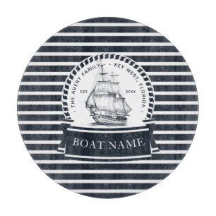 Navy Blue Boat Modern Personalized Cutting Board
