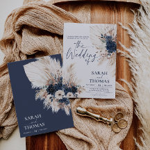 Navy Blue Bohemian Pampas Wedding Invitation Card