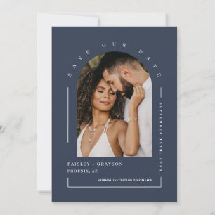 Navy Blue Boho Arch Photo QR Code Save Our Date In Invitation