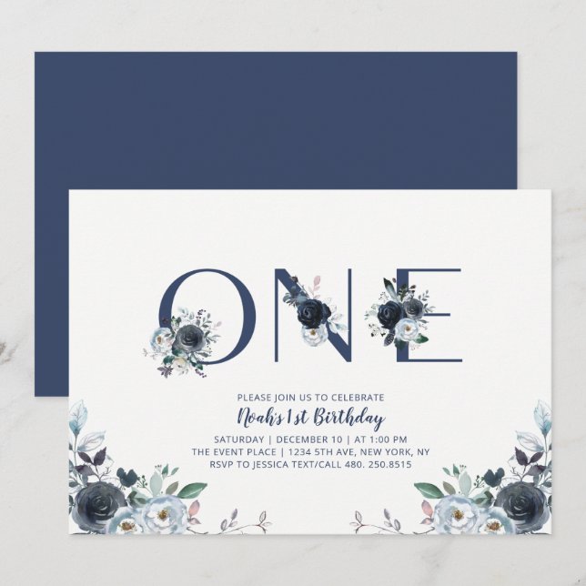 Navy Blue Boho Chic Floral Boy 1st Birthday Party Invitation (Front/Back)