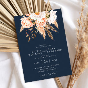 Navy Blue Boho Chic Floral Wedding  Invitation