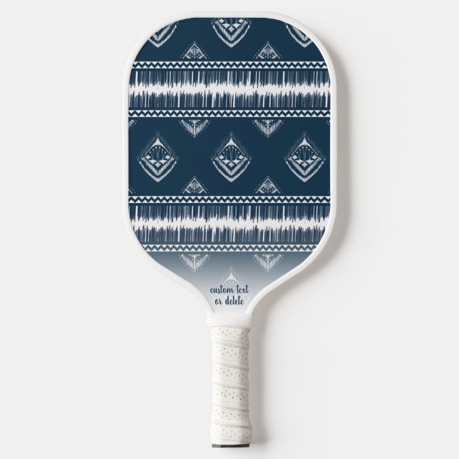 Navy Blue Boho Chic Fringe Pattern Custom Text Pickleball Paddle (Front)