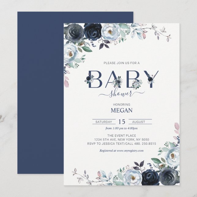 Navy Blue Boho Floral Baby Shower Invitation (Front/Back)