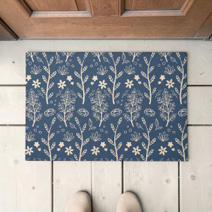Navy Blue Boho Floral Botanical Doormat