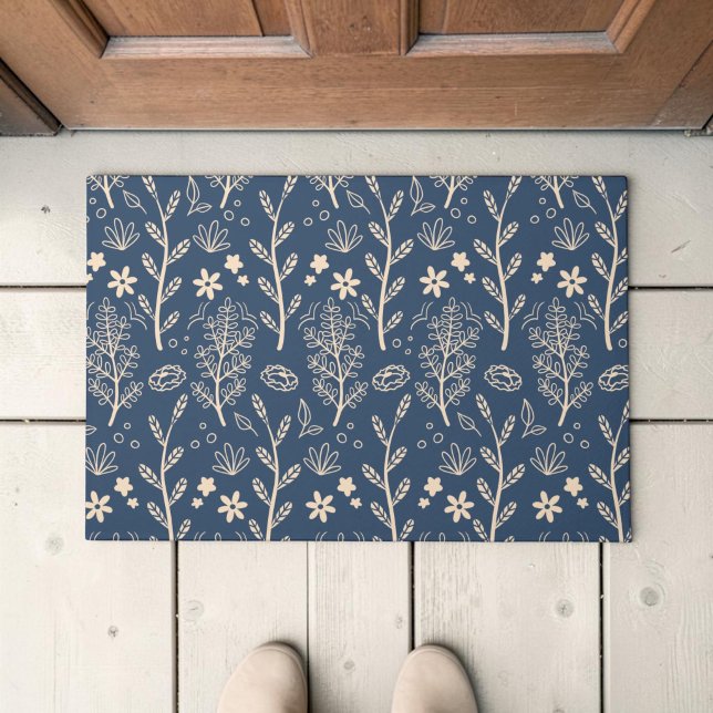 Navy Blue Boho Floral Botanical Doormat (Navy doormat with cream wildflower and branch pattern, shown from above.)