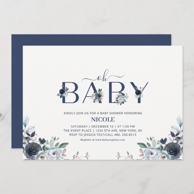 Navy Blue Boho Floral Boy Baby Shower Invitation (Front/Back)