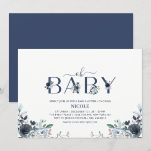 Navy Blue Boho Floral Boy Baby Shower Invitation