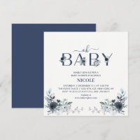 Navy Blue Boho Floral Boy Baby Shower Square
