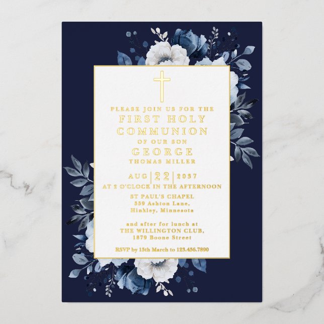 Navy Blue Boho Floral First Holy Communion Gold (Front)