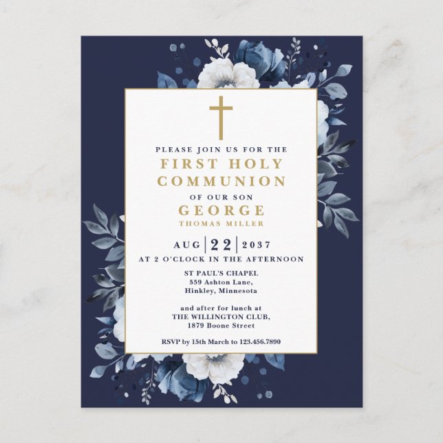 Navy Blue Boho Floral First Holy Communion Invite Postcard (Front)