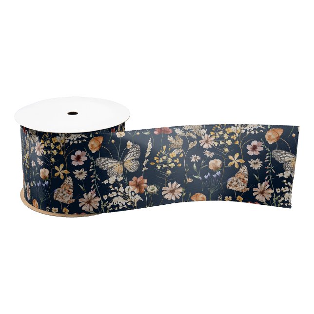 Navy Blue Boho Floral Ribbon Grosgrain Ribbon (Navy Blue Boho Floral Gift Wrapping Ribbon with Butterflies by Painted Paperei
)