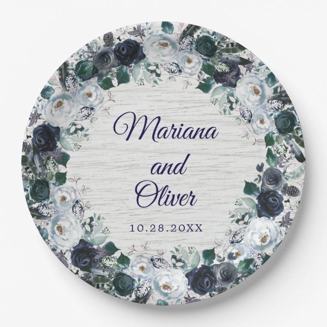 Navy Blue Boho Floral Wedding Paper Plate (Front)