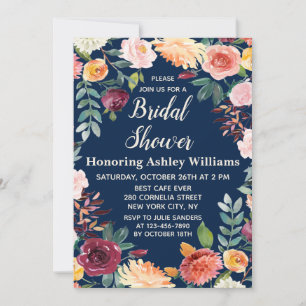 Navy Blue Boho Greenery Fall Floral Bridal Shower  Invitation