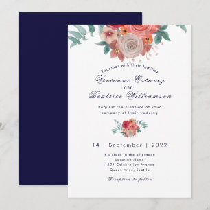 Navy blue boho red roses wedding invitation