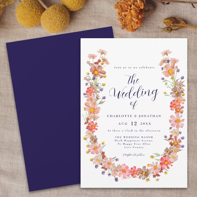 Navy Blue Boho Rustic Floral Wreath Fall Wedding Invitation (Boho fall rustic floral wreath navy blue and white wedding invitation widflowers Elegant script)