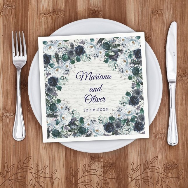 Navy Blue Boho Tribal Watercolor Floral Wedding Napkin (Creator Uploaded)