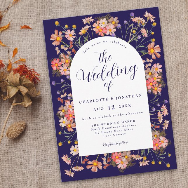 Navy Blue Boho Wildflower Fall Wedding Invitation (Boho floral arch navy blue elegant script fall wedding invitation watercolor wild flowers)