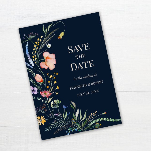 Navy Blue Boho Wildflowers Save The Date Card (Navy Blue Boho Wildflowers Save The Date Card on white woodan table.)