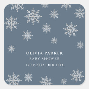 Navy Blue Boho Winter Snowflake Baby Shower  Square Sticker