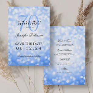 Navy Blue Bokeh 70th Birthday Save Date Details Invitation