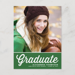 Navy Blue Bold Retro Script Photo Graduation Postcard