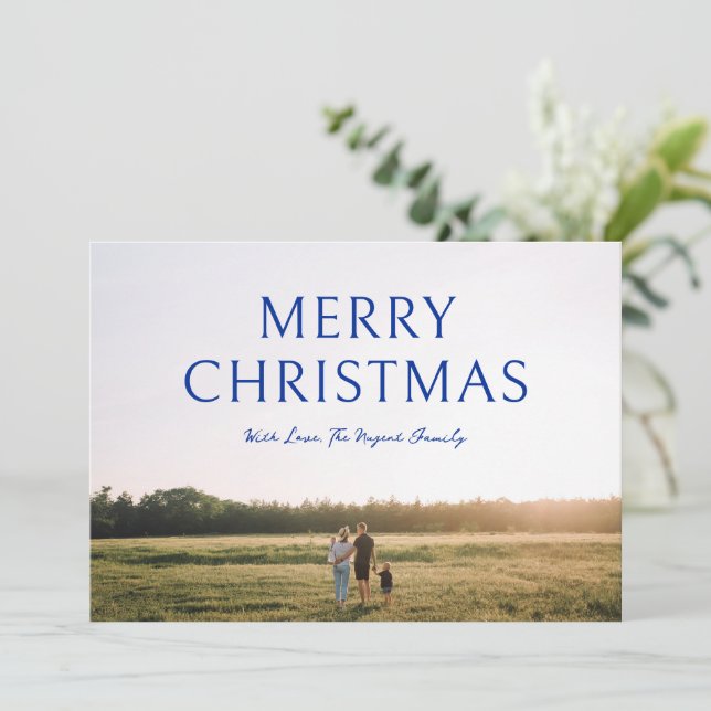 Navy Blue Bold Typography Photo Elegant Christmas Holiday Card (Standing Front)
