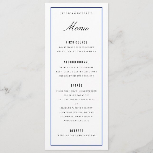 Navy Blue Border Elegant Wedding Menu Card (Front)