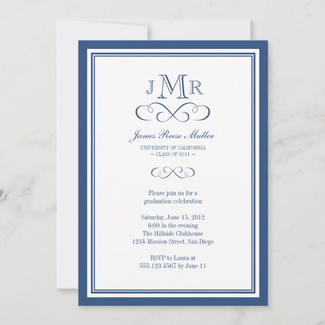 Navy blue border frame classy monogram graduation invitation (Front)