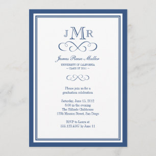 Navy blue border frame classy monogram graduation invitation