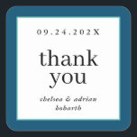 Navy Blue Border Simple Wedding Favour Square Sticker<br><div class="desc">Make a statement of understated elegance with this simple,  text-based wedding favour thank you sticker label featuring a border of nautical navy blue and aqua. Use the customization option to change the colours and fonts to suit your wedding theme.</div>