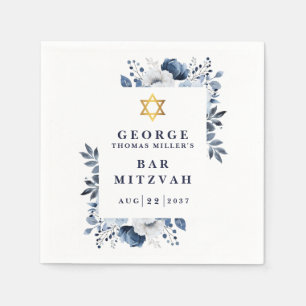 Navy Blue Botanical Bar Mitzvah Bat Mitzvah Napkin