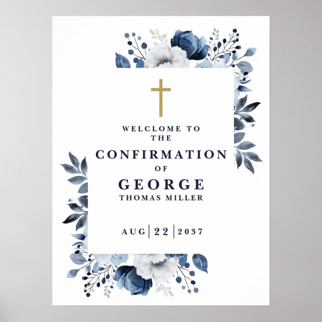 Navy Blue Botanical Confirmation Welcome Sign (Front)