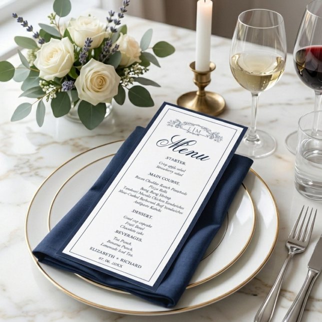 Navy Blue botanical crest monogram wedding Menu (Creator Uploaded)