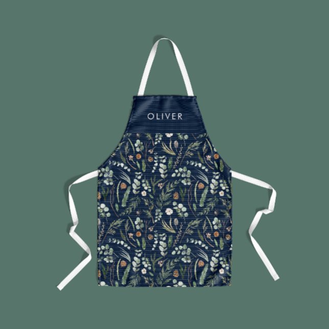 Navy blue botanical elegant modern family gift apron (Creator Uploaded)