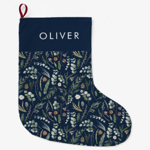 Navy blue botanical elegant modern family gift large christmas stocking