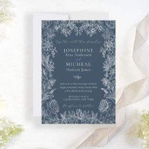 Navy Blue Botanical Floral Elegant Invitation