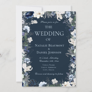 Navy Blue Botanical Floral Wedding Invitation